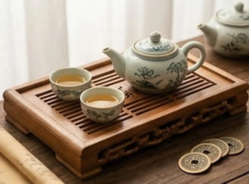 Giờ hoàng đạo hợp tuổi Dần: cẩm nang tra cứu theo từng Can Chi 6 Bộ ấm chén gốm sứ đặt trên khay gỗ bên cạnh những thỏi vàng kim loại lấp lánh