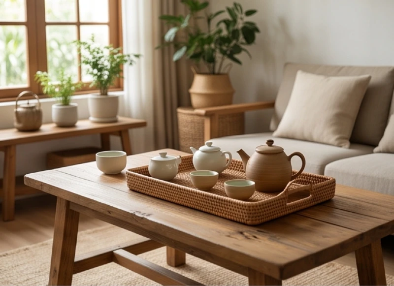 Bàn trà bằng gỗ mộc mạc được bày trí ấm cúng mang lại cảm giác bình yên cho không gian sinh hoạt