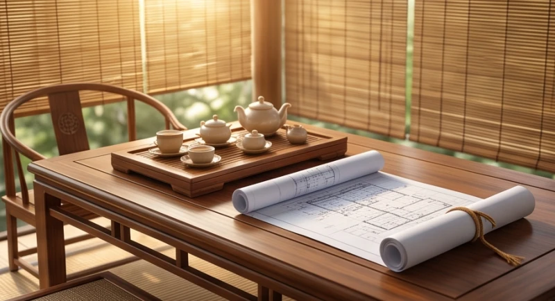 Không gian bàn trà tĩnh lặng được sắp đặt tinh tế tượng trưng cho sự vững chắc trong sự nghiệp