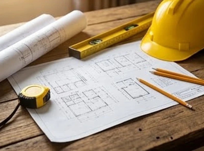 Bản vẽ thiết kế nhà ở được trải rộng trên mặt bàn cùng thước đo và bút chì