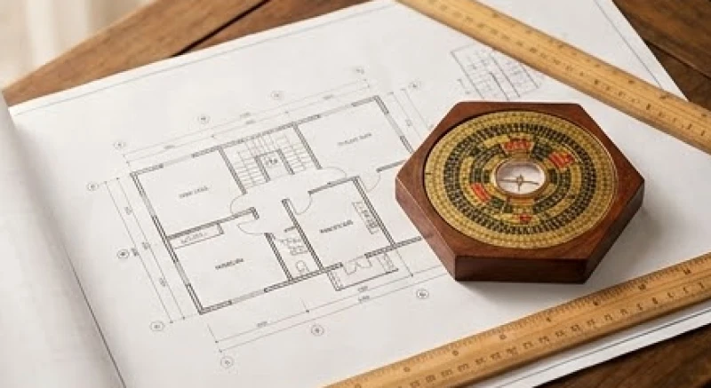 Bản vẽ kiến trúc đặt cạnh la bàn phong thủy dùng để đối chiếu ngày tốt và ngày xấu