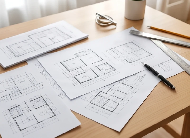 Bản vẽ kỹ thuật thiết kế nhà trải trên bàn làm việc cùng các dụng cụ chuẩn bị cho kế hoạch động thổ xây dựng