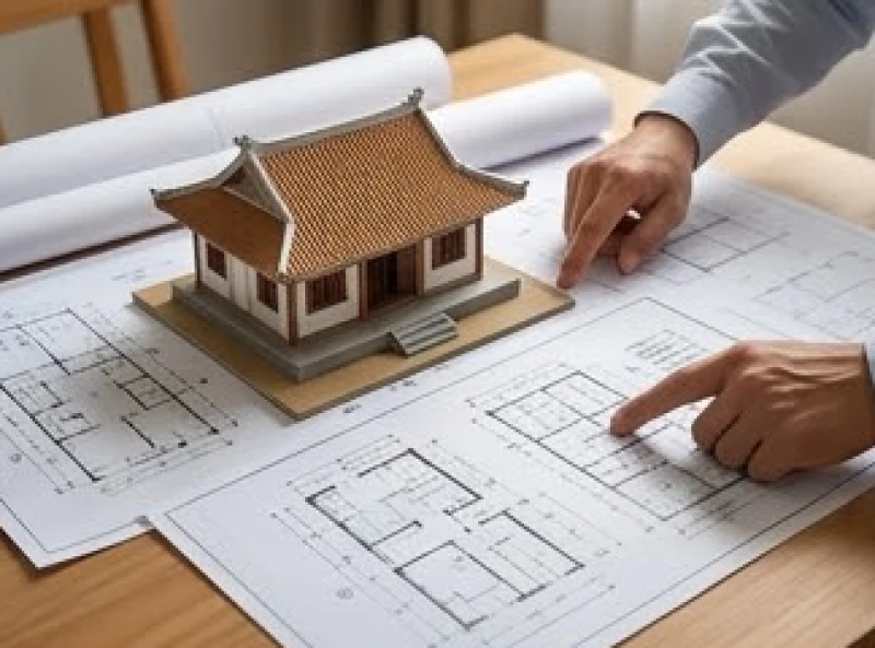 Bản vẽ kỹ thuật và mô hình nhà ở truyền thống đặt trên bàn gỗ chuẩn bị cho việc xây sửa