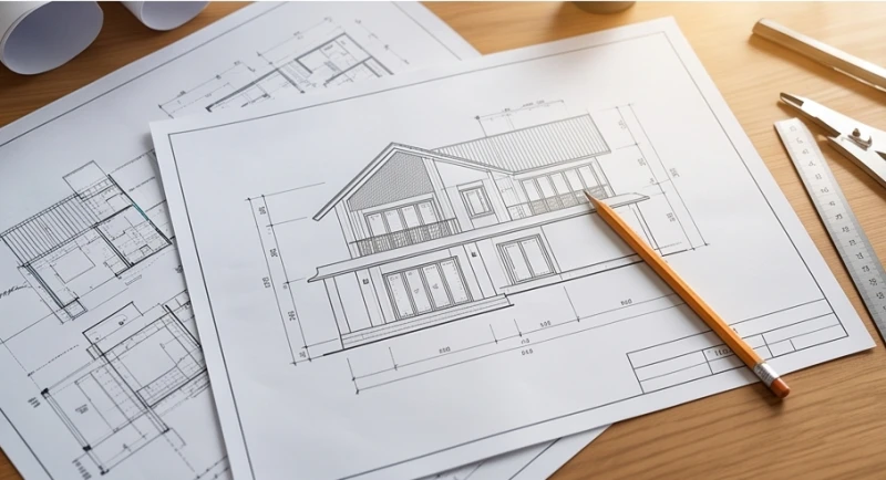Mơ thấy ở nhà mới tốt hay xấu: Giải mã bối cảnh và số tài lộc 7 Bản vẽ thiết kế kiến trúc nhà ở được trải rộng trên bàn cùng với cây bút chì và thước kẻ