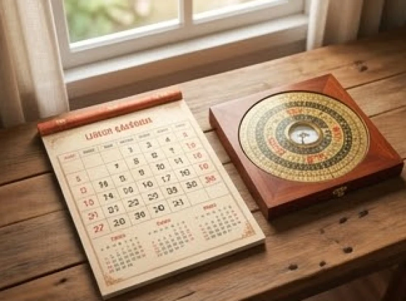 Tuổi Dần sinh con tháng nào tốt: chọn theo ngũ hành bố mẹ 3 Một tờ lịch âm dương truyền thống được đặt cạnh chiếc la bàn phong thủy trên mặt bàn gỗ