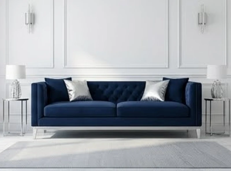 Không gian phòng khách sang trọng với tường trắng và ghế sofa màu xanh navy