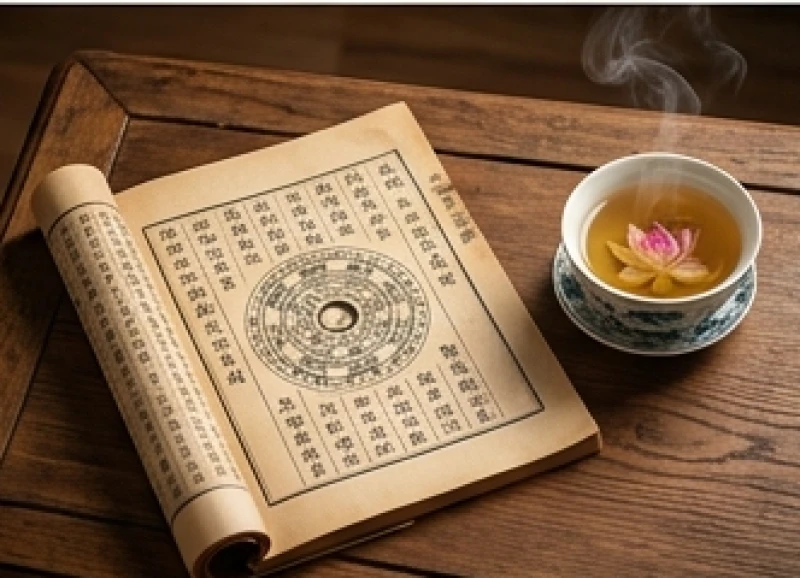 Cuốn sách tử vi mở ra trang ghi chép về ngũ hành nạp âm bên cạnh tách trà sen nóng trên chiếc bàn gỗ cổ.