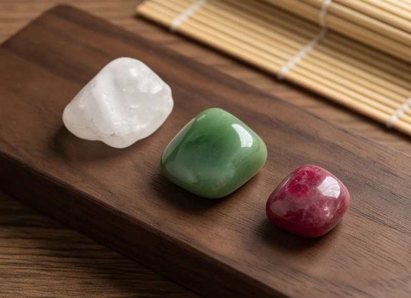 Sự kết hợp giữa đá thạch anh trắng, ngọc bích và ruby đại diện cho các nạp âm ngũ hành khác nhau của tuổi Tý