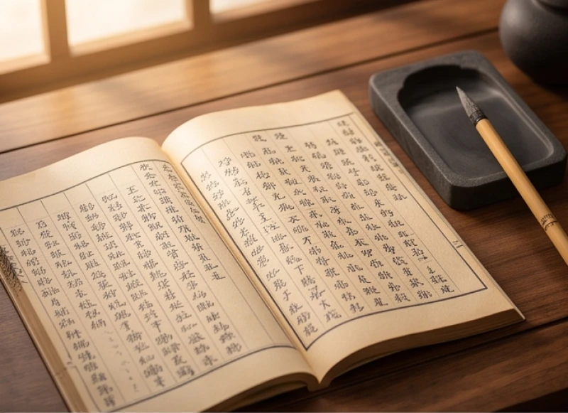 Sổ tử vi cổ ghi chép sao chiếu mệnh và hạn ngũ hành được mở ra bên cạnh nghiên mực
