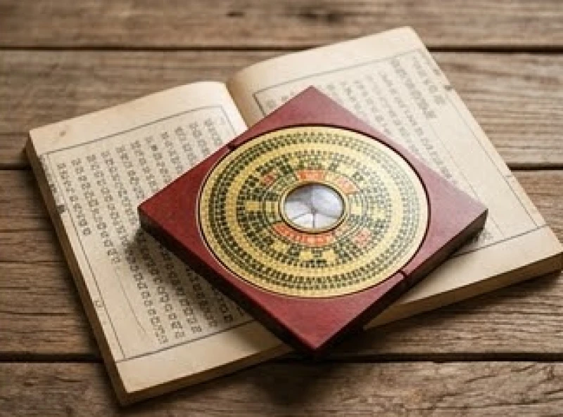 Cuốn sách tử vi và la bàn phong thủy đặt trên bàn làm việc bằng gỗ mộc mạc