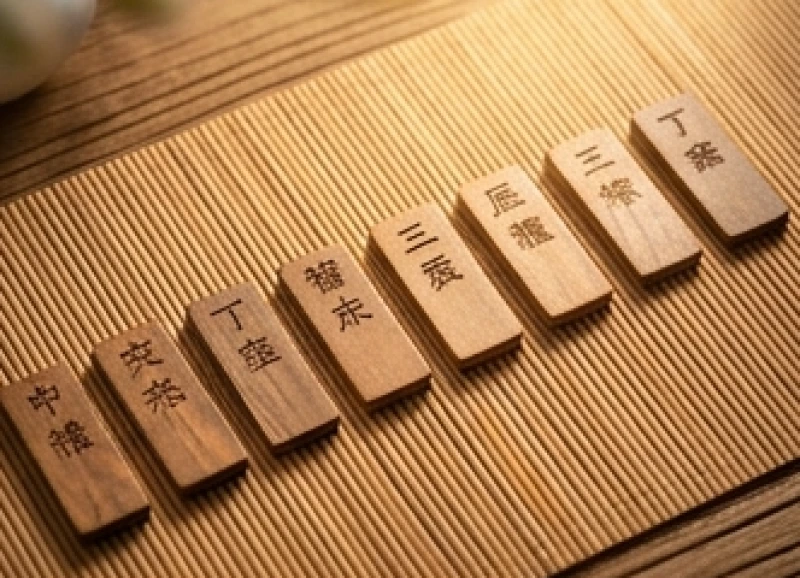 Các thẻ gỗ khắc biểu tượng thiên can xếp ngay ngắn trên bàn giúp tra cứu quan hệ xung hợp dễ dàng