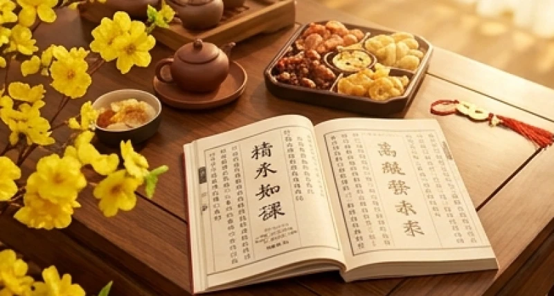 Gia chủ tuổi Dậu chọn người xông đất năm 2027: Phân tách nạp âm 3 Cuốn cẩm nang phong thủy mở ra trên bàn trà bên cạnh khay mứt và cành mai vàng rực rỡ