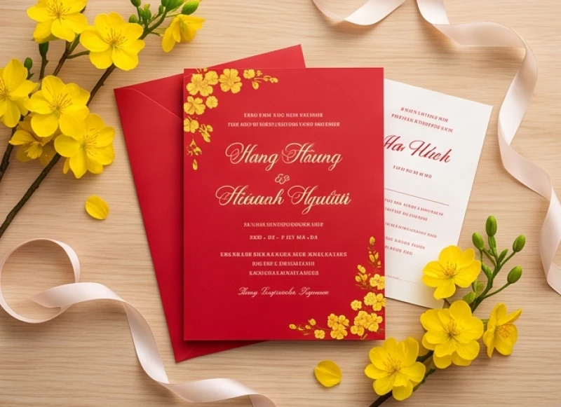 Tấm thiệp cưới màu đỏ thiết kế tinh tế đặt cạnh những cành hoa mai vàng tượng trưng cho niềm vui và điềm lành
