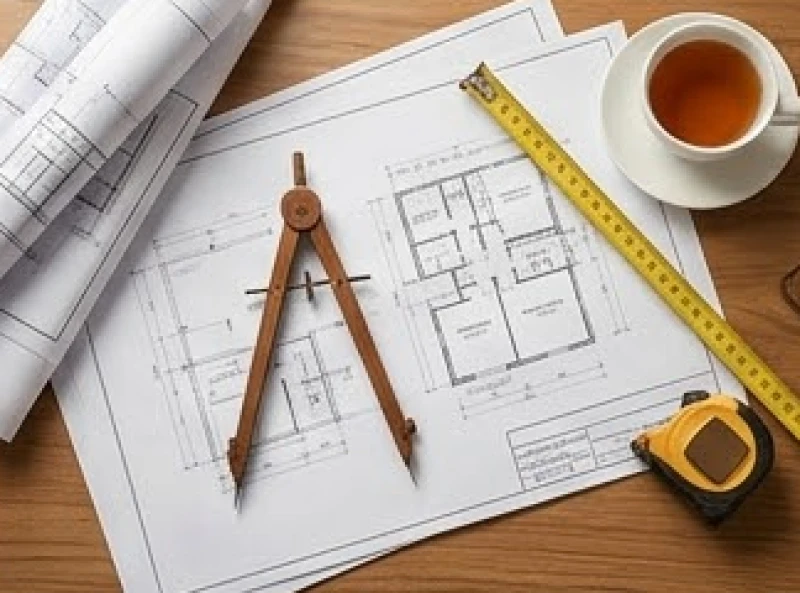 Bản vẽ thiết kế nhà ở được trải rộng bên cạnh chiếc la bàn gỗ và thước cuộn trên bàn làm việc