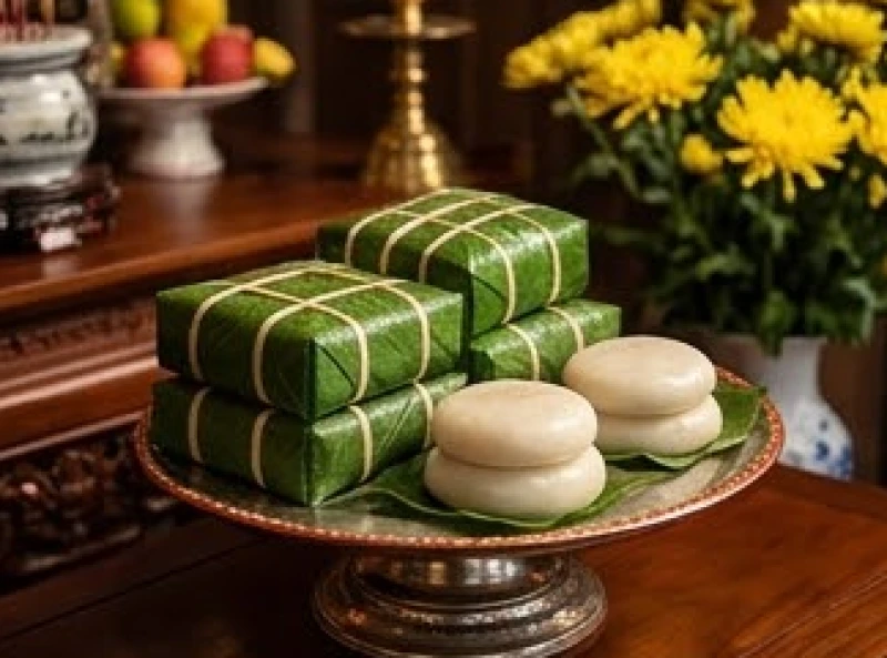 Mâm bánh chưng vuông và bánh dày tròn được dâng lên linh điện Quốc Tổ