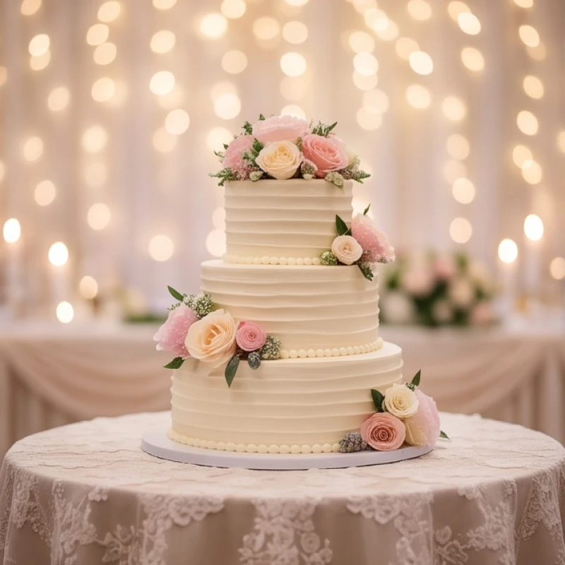 Mơ thấy ăn bánh ngọt: Điềm báo tình duyên & con số may mắn 5 Chiếc bánh cưới ba tầng được trang trí hoa tươi rực rỡ đặt giữa không gian tiệc sang trọng
