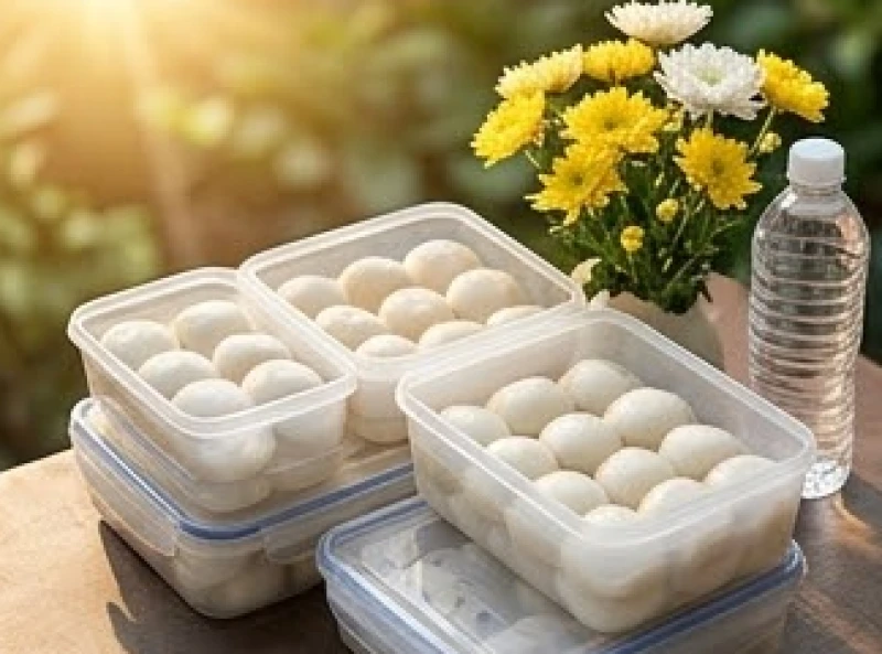 Các hộp nhựa sạch sẽ đựng bánh trôi và bánh chay chuẩn bị cho nghi thức cúng ngoài mộ phần