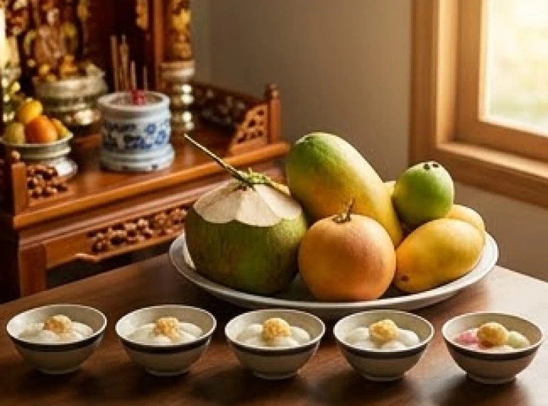 Năm bát bánh trôi xếp hàng ngang cùng mâm ngũ quả chiêu tài dâng trước ban Thần Tài