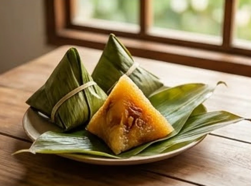 Văn khấn Tết Đoan Ngọ mùng 5 tháng 5: Bài cúng chuẩn nghi lễ 5 Đĩa bánh ú nước tro nhân mặn được lột một góc lá chuối lộ ra lớp nếp dẻo thơm