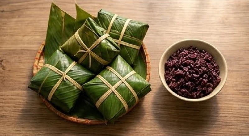 Văn khấn ngày mùng 5 tháng 5: Trình tự bài cúng đúng nghi thức 4 Đĩa bánh ú tro gói lá tre xanh mướt đặt cạnh bát cơm rượu nếp trên mâm lễ vật