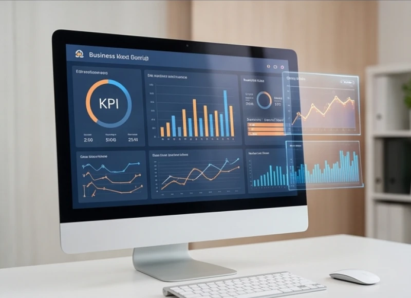 Màn hình máy tính hiển thị biểu đồ hiệu suất KPI tự động với các số liệu kinh doanh minh bạch