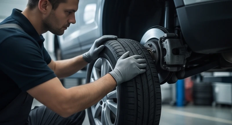 Mơ thấy bị lật xe ô tô: Giải mã điềm báo và bảng số may mắn 1 Kỹ thuật viên kiểm tra lốp xe và hệ thống phanh ô tô trong gara để loại bỏ nỗi bất an về hiện tượng lật xe
