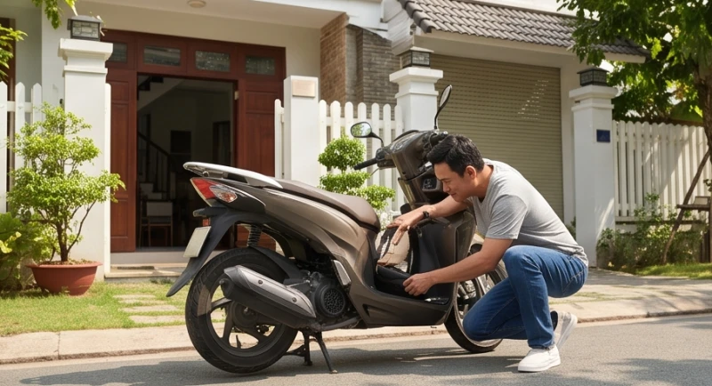 Người đàn ông cẩn thận kiểm tra lốp và động cơ chiếc xe máy của vợ trước sân nhà