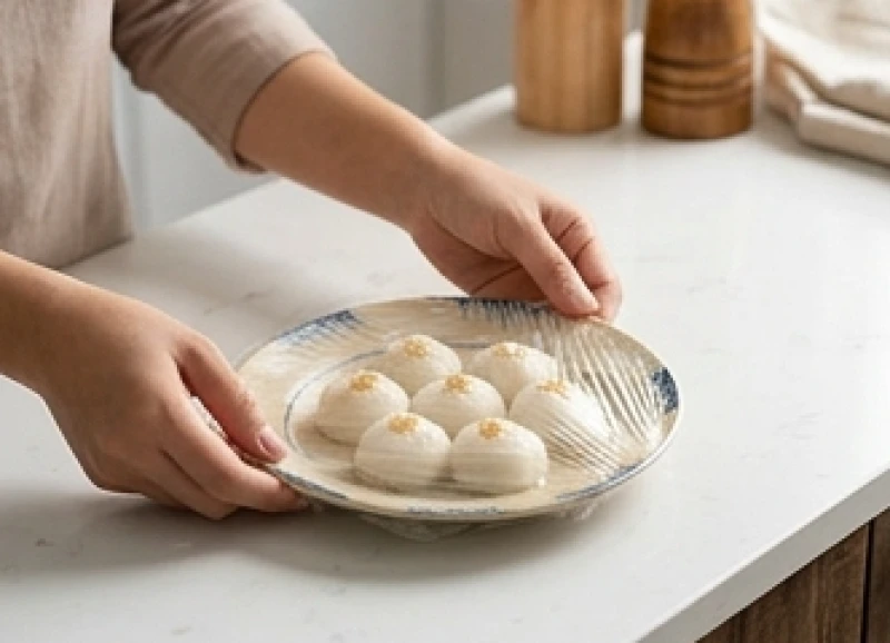 Đĩa bánh trôi dẻo mịn được bọc kín bằng màng bọc thực phẩm và cất cẩn thận vào ngăn mát tủ lạnh sau khi xin hạ lễ sớm