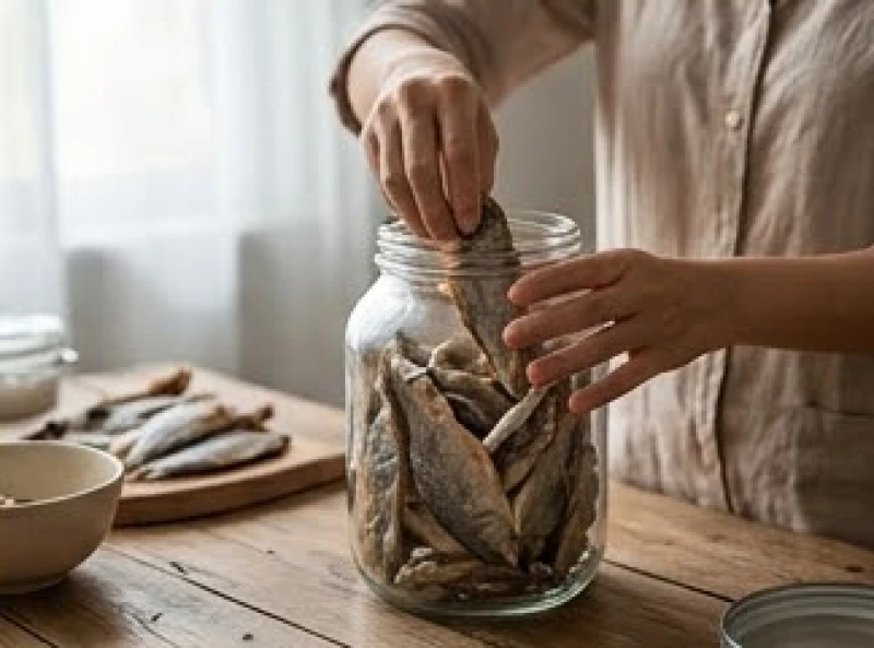 Mơ thấy cá khô: Giải mã điềm báo cát hung & con số may mắn 6 Người phụ nữ đang cẩn thận xếp những con cá khô vào lọ thủy tinh để bảo quản