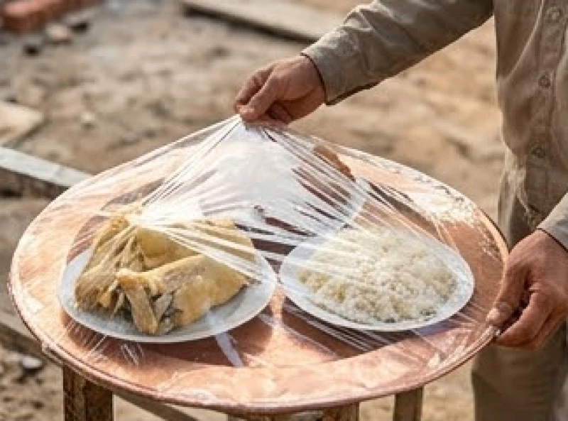 Mâm cúng được bọc màng nilon trong suốt để bảo vệ thực phẩm khỏi khói bụi công trường trước khi bắt đầu hành lễ
