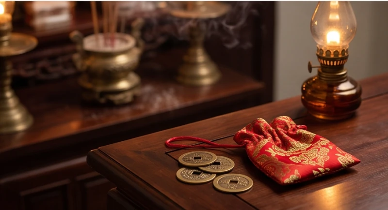 Văn khấn xin đài âm dương gia tiên: Mẫu bài cúng và quy tắc gieo 7 Bộ đài âm dương và đồng xu cổ được vệ sinh sạch sẽ, cất giữ cẩn thận trong một chiếc túi gấm đỏ