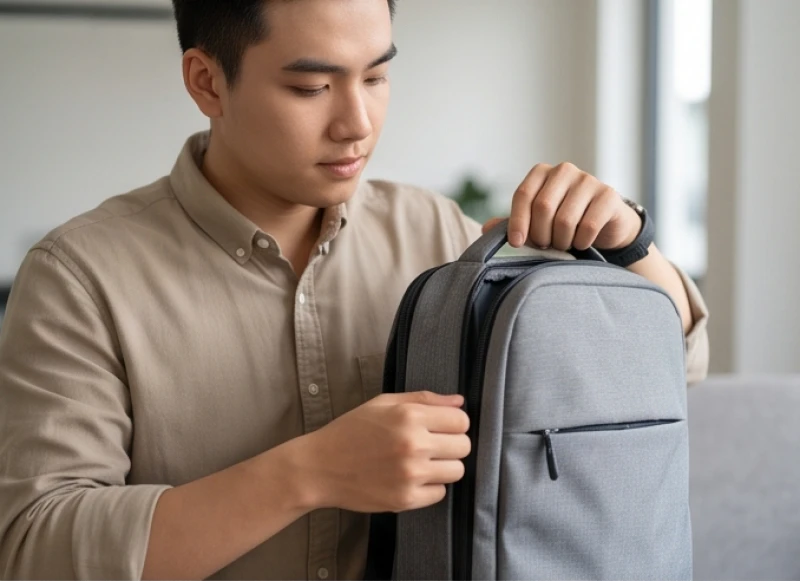 Nam thanh niên kiểm tra kỹ túi xách đựng laptop và khóa xe máy đề phòng rủi ro mất cắp