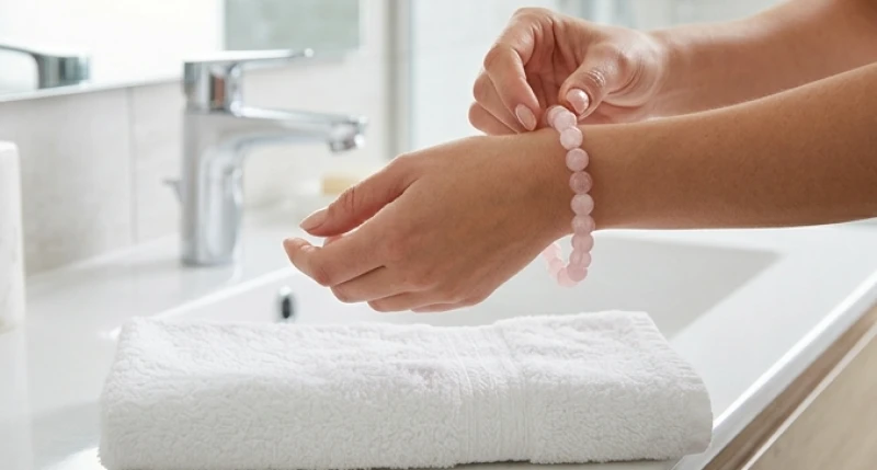 Người phụ nữ cẩn thận tháo chiếc vòng tay thạch anh hồng đặt lên khăn khô trước khi rửa tay