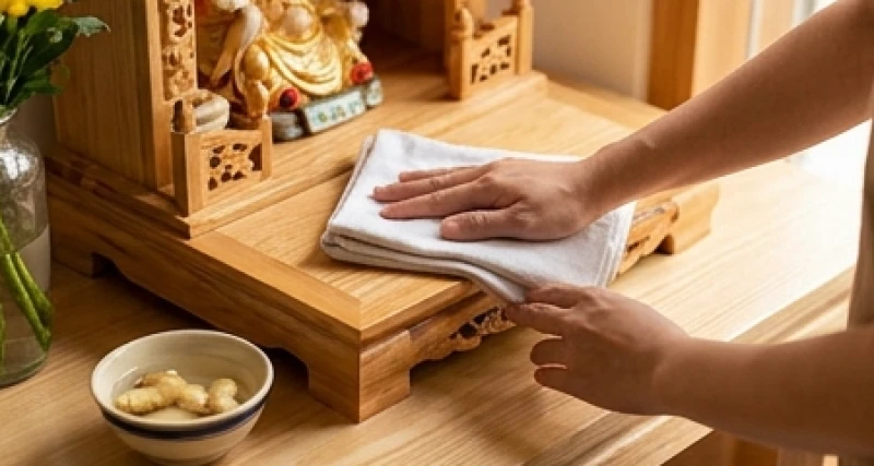 Dùng khăn mới và nước ấm có pha gừng để bao sái cẩn thận khu vực ban Thần Tài Thổ Địa