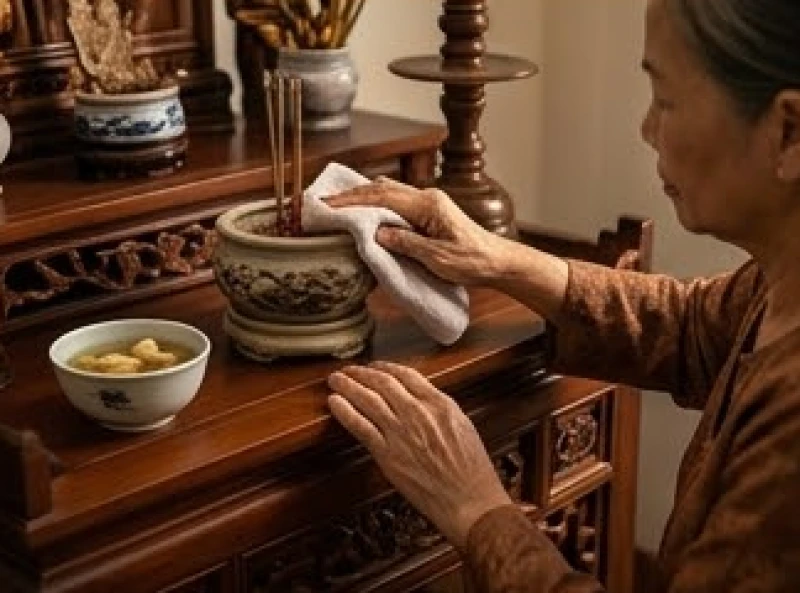 Đôi bàn tay dùng khăn mềm và nước thảo mộc lau dọn cẩn thận bát hương