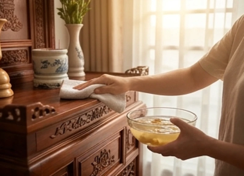 Dùng khăn sạch lau dọn ban thờ chuẩn bị cho lễ cúng tết Trung Thu