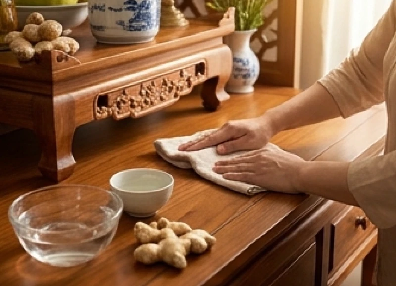 Gia chủ cẩn thận bao sái và dọn dẹp bàn thờ gia tiên cũ trước khi tiến hành nghi thức chuyển sang án gian mới