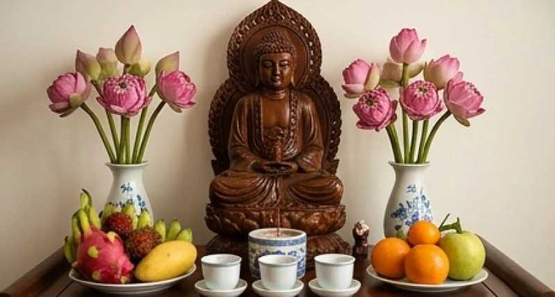 Bàn thờ Phật thanh tịnh được trang hoàng bằng hoa sen hồng, trái cây tươi và nước lọc, tuyệt đối không có tiền vàng mã