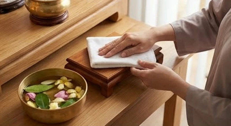 Quá trình dùng khăn sạch và nước hoa bưởi để lau dọn sái tịnh bàn thờ Quan Thế Âm Bồ Tát