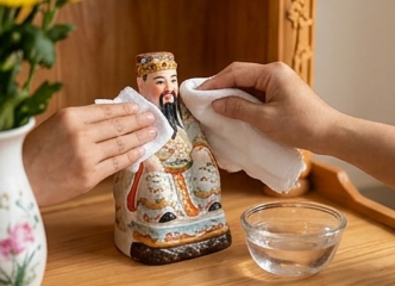 Văn khấn mùng 1 tại cửa hàng: Bài cúng chuẩn & quy trình xin lộc 5 Dùng khăn sạch và rượu trắng pha nước ấm để lau dọn cẩn thận tượng Thần Tài, Thổ Địa