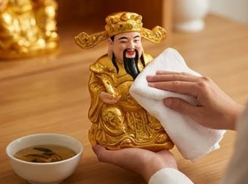 Văn khấn Thần Tài mùng 1: Mâm lễ, giờ hoàng đạo và cách đọc chuẩn 6 Quá trình dùng khăn bông sạch và nước ấm pha ngũ vị hương để lau dọn cẩn thận tượng Thần Tài