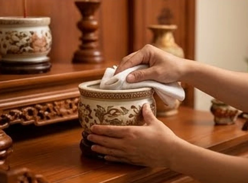 Bàn tay dùng chiếc khăn sạch cẩn thận lau chùi phần thân bát hương bằng gốm sứ trong khi tay kia giữ chặt đế bát hương