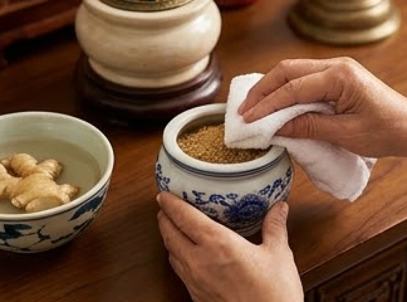 Khăn sạch mới và nước ngũ vị hương dùng để lau rửa mặt trong và ngoài của chiếc bát hương gốm