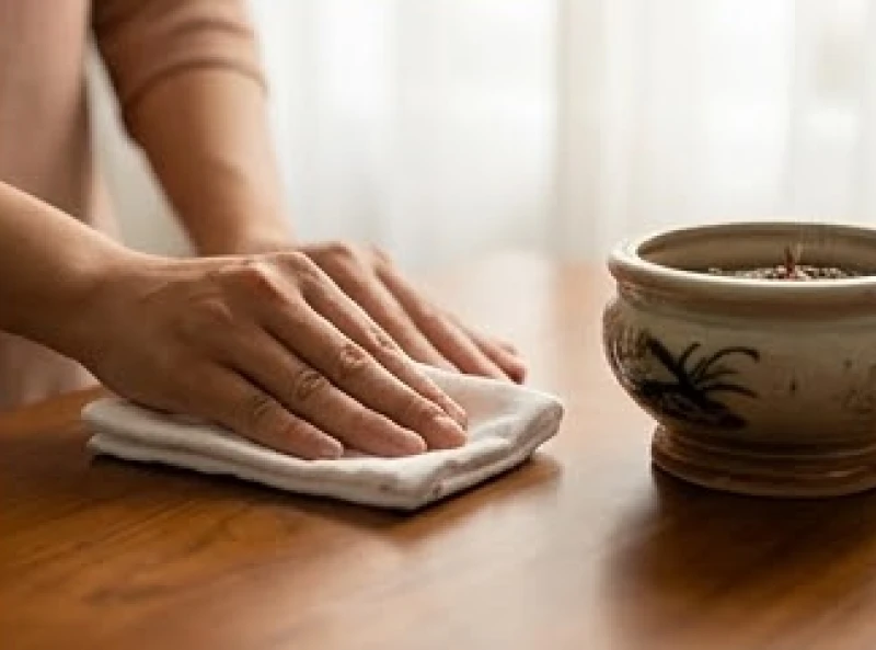 Dùng chiếc khăn vải sạch thấm rượu gừng để lau nhẹ nhàng phần tro hương bị vương vãi trên mặt bàn thờ gỗ