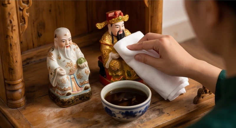 Người phụ nữ dùng chiếc khăn trắng sạch nhúng nước thảo mộc để cẩn thận lau chùi tượng Thần Tài và Thổ Địa