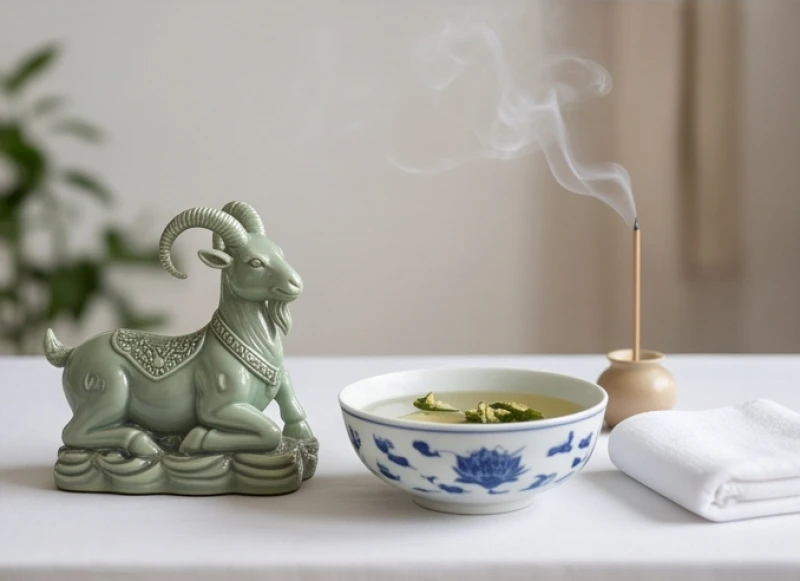 Tượng con dê phong thủy hợp tuổi Mùi: Chọn màu ngũ hành & an vị 9 Mâm lễ thanh tịnh và bát nước ngũ vị chuẩn bị cho nghi thức bao sái tượng dê phong thủy