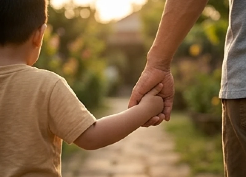 Cha mẹ nắm chặt tay con trai đi dạo thể hiện bản năng bảo vệ vô điều kiện từ vỏ não
