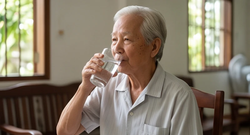 Tử vi tuổi Quý Mùi 1943 năm 2027: Giải sao và phòng bệnh tuổi 85 3 Người lớn tuổi uống nước lọc giải nhiệt trong căn phòng thoáng mát có quạt máy