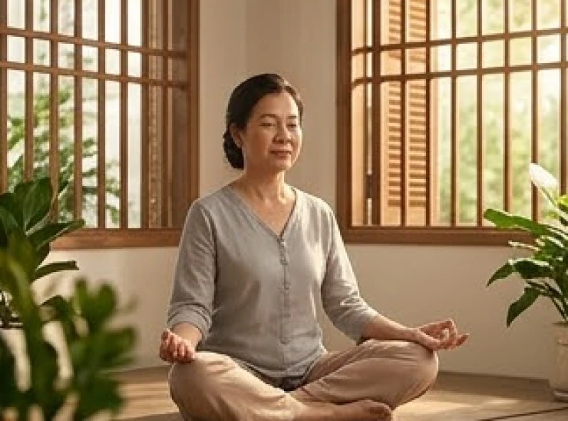 Người phụ nữ trung niên thực hành thiền định trong không gian yên tĩnh để giữ tâm trí vững vàng vượt qua năm hạn nặng nhất