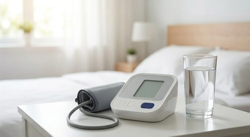 Máy đo huyết áp điện tử đặt cạnh ly nước lọc trên bàn nghỉ ngơi